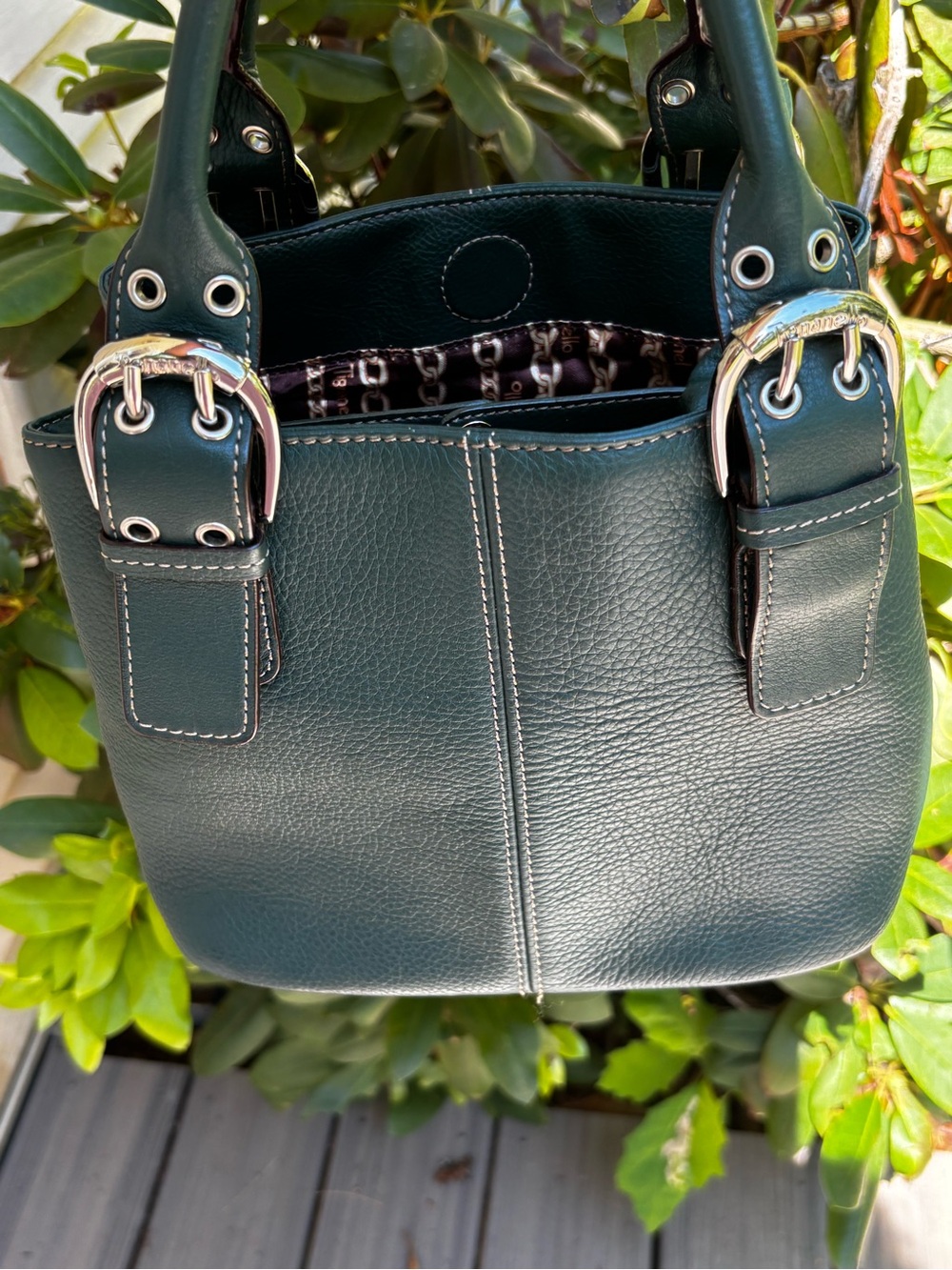 Y2K Hobo Tignanello Green Pebble Leather Tote with Buckle Handles